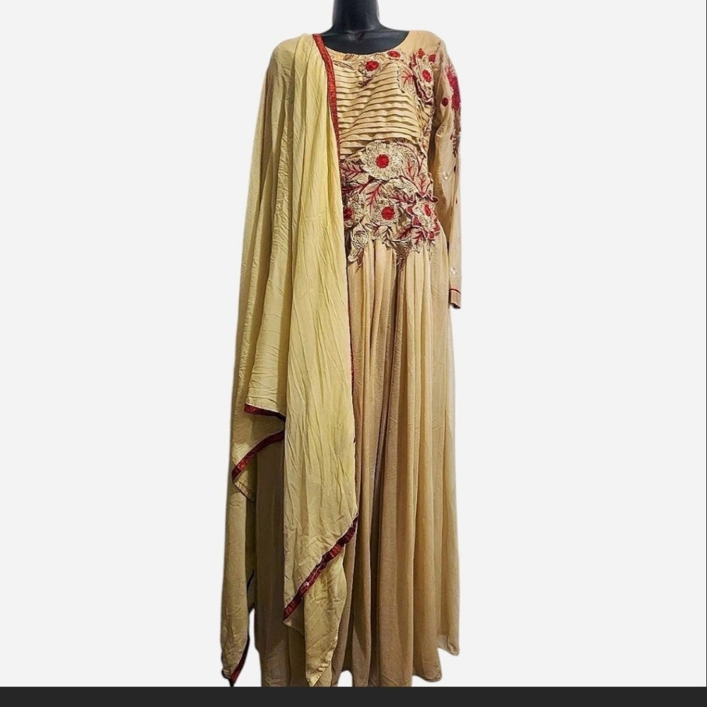 Beige yellow Anarkali set